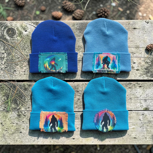 Bigfoot Sasquatch Forest Watercolor Patch Beanie Blues
