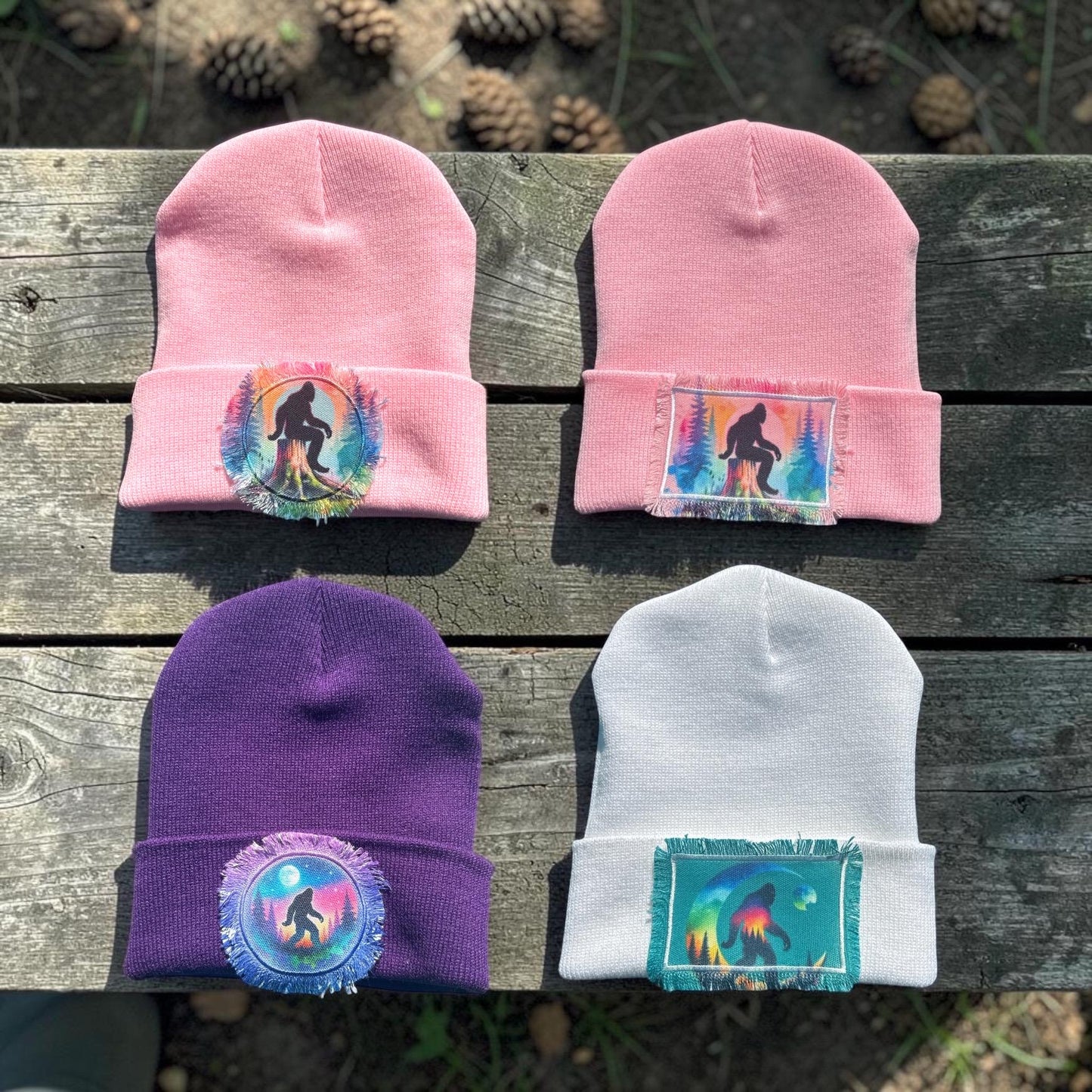Bigfoot Sasquatch Forest Watercolor Patch Beanie Pinks Purple