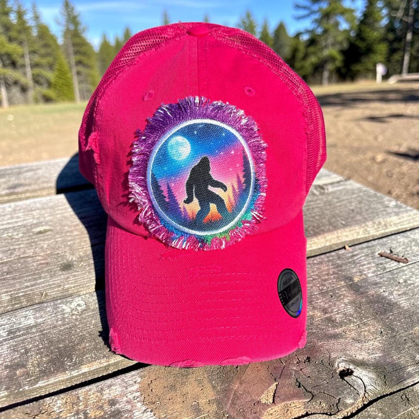 Pink Bigfoot Trucker Hat: Funny Camping Sasquatch Cap Watercolor