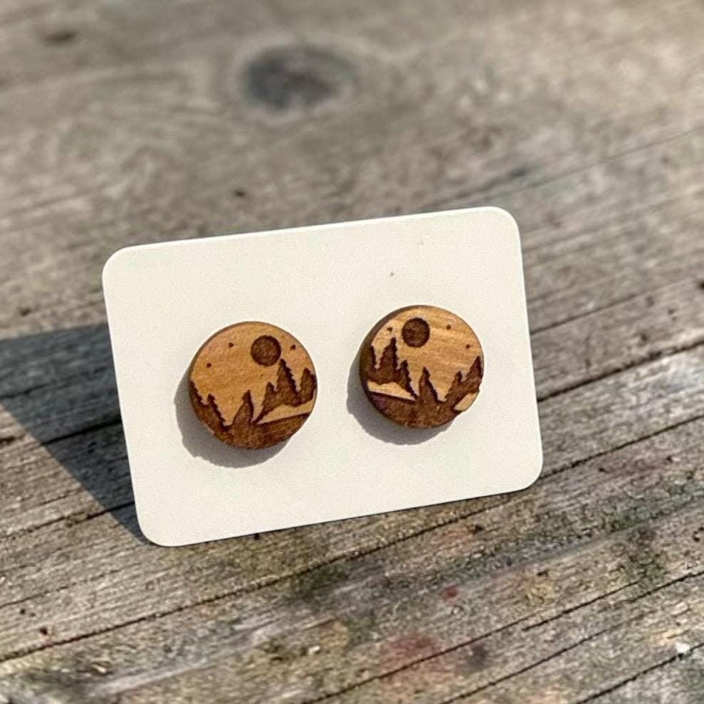 Nature Earrings Forest, Trees, Mountain, Camping, elk, Hiking, Bear, Wolf, Cactus Stud Earrings