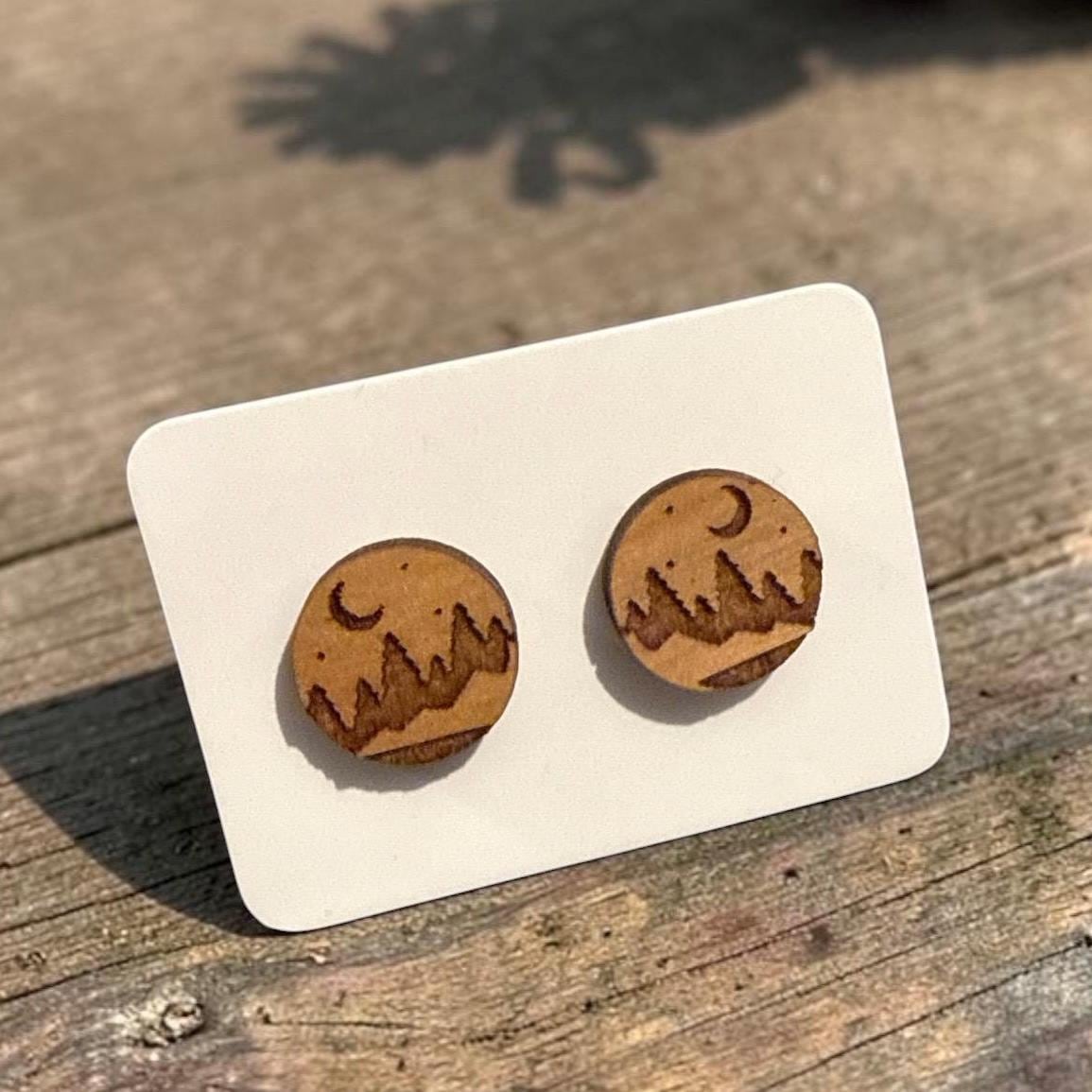 Nature Earrings Forest, Trees, Mountain, Camping, elk, Hiking, Bear, Wolf, Cactus Stud Earrings