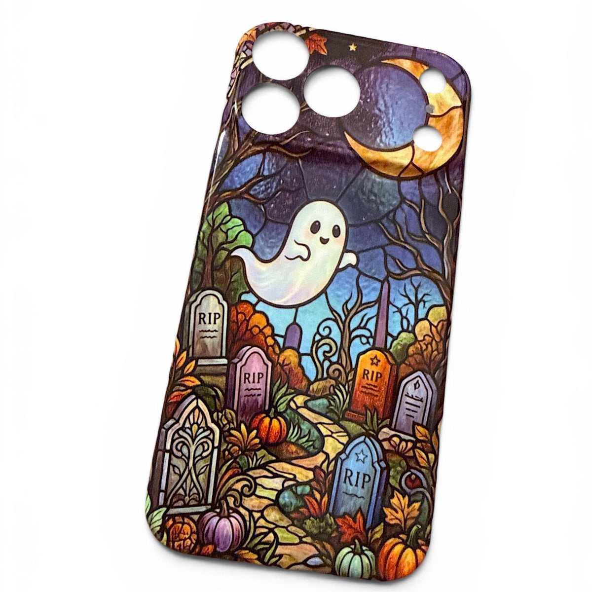 Stained Glass style Halloween, Spooky, Cute Ghost Iphone Case 17 18  Pro Max, Plus Graveyard