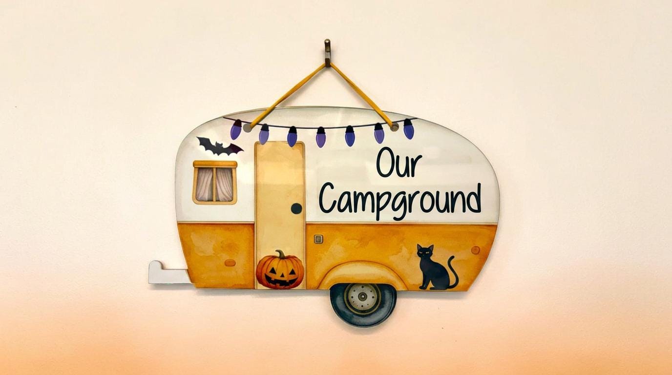 Personalized Haloween Camper Travel Trailer Door Hanger Sign Campground Name or Happy Halloween