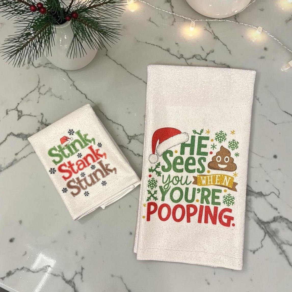 Bathroom Christmas Towel Set Washcloth Small Funny Poop Santa Stink Pooping