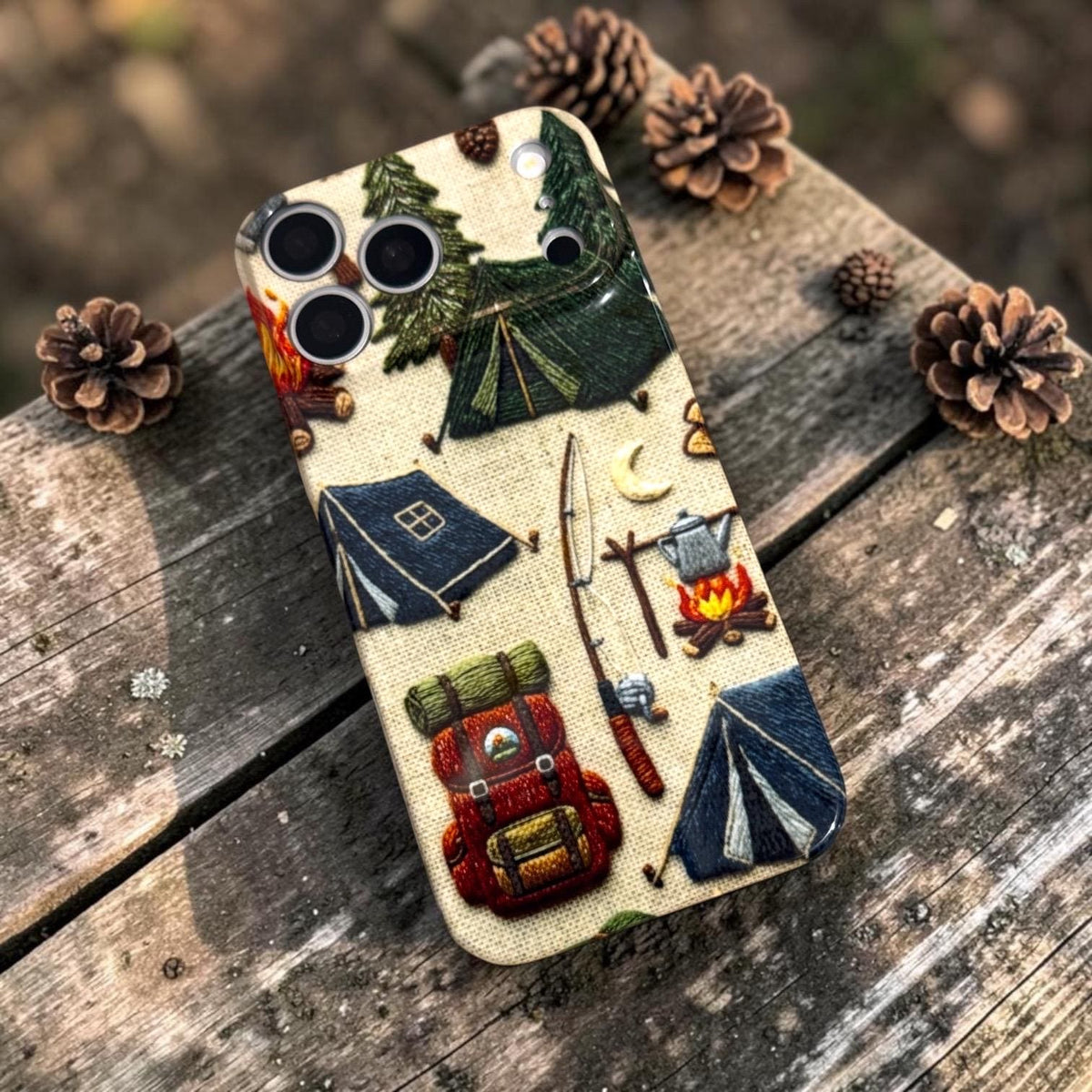 Camping Iphone Case 18 17 Pro Max Happy Camper Tent Fishing Faux Embroidered