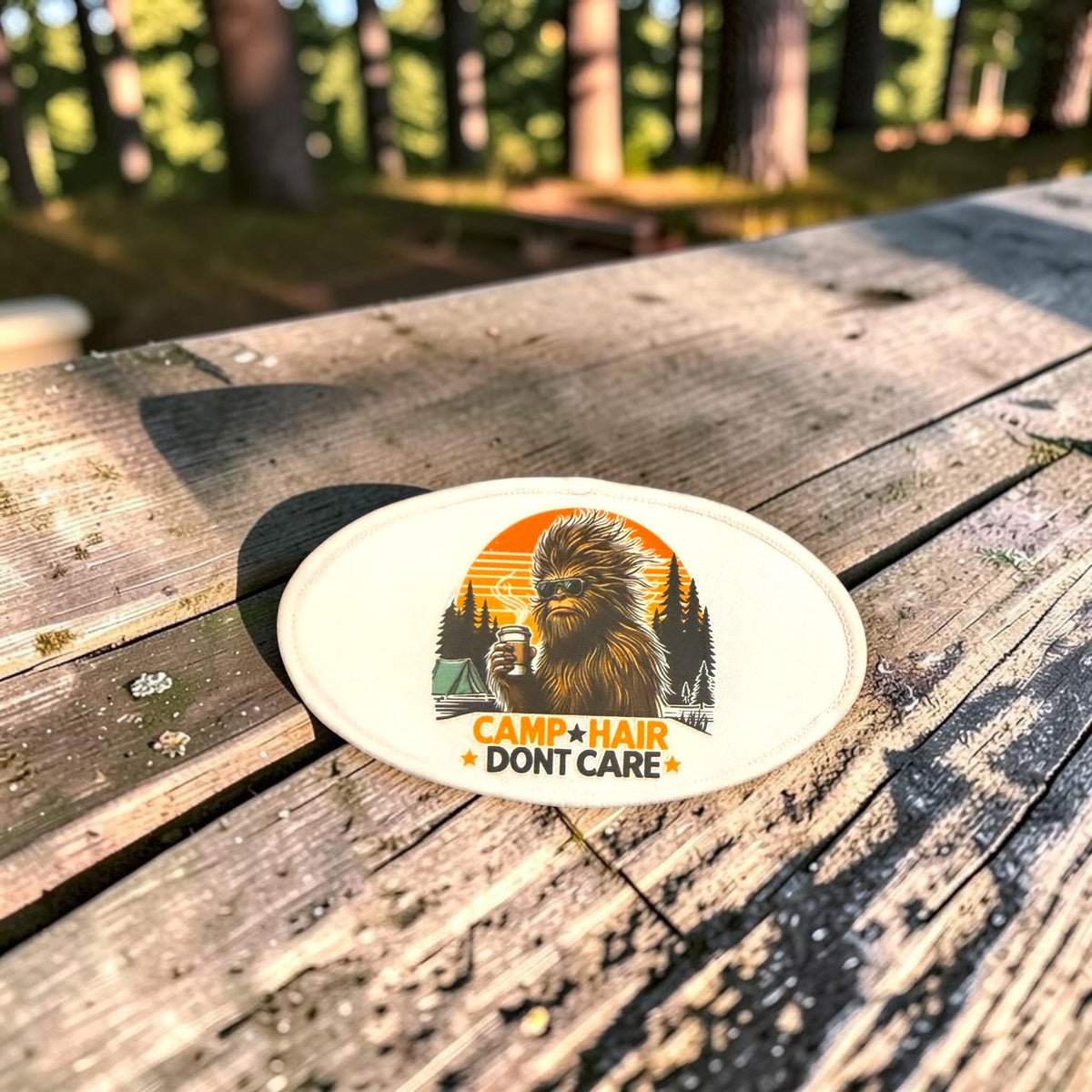 Sasquatch Bigfoot Camp Hair Don't Care Patches Iron On Heat Press Hats Jackets Vests Bags