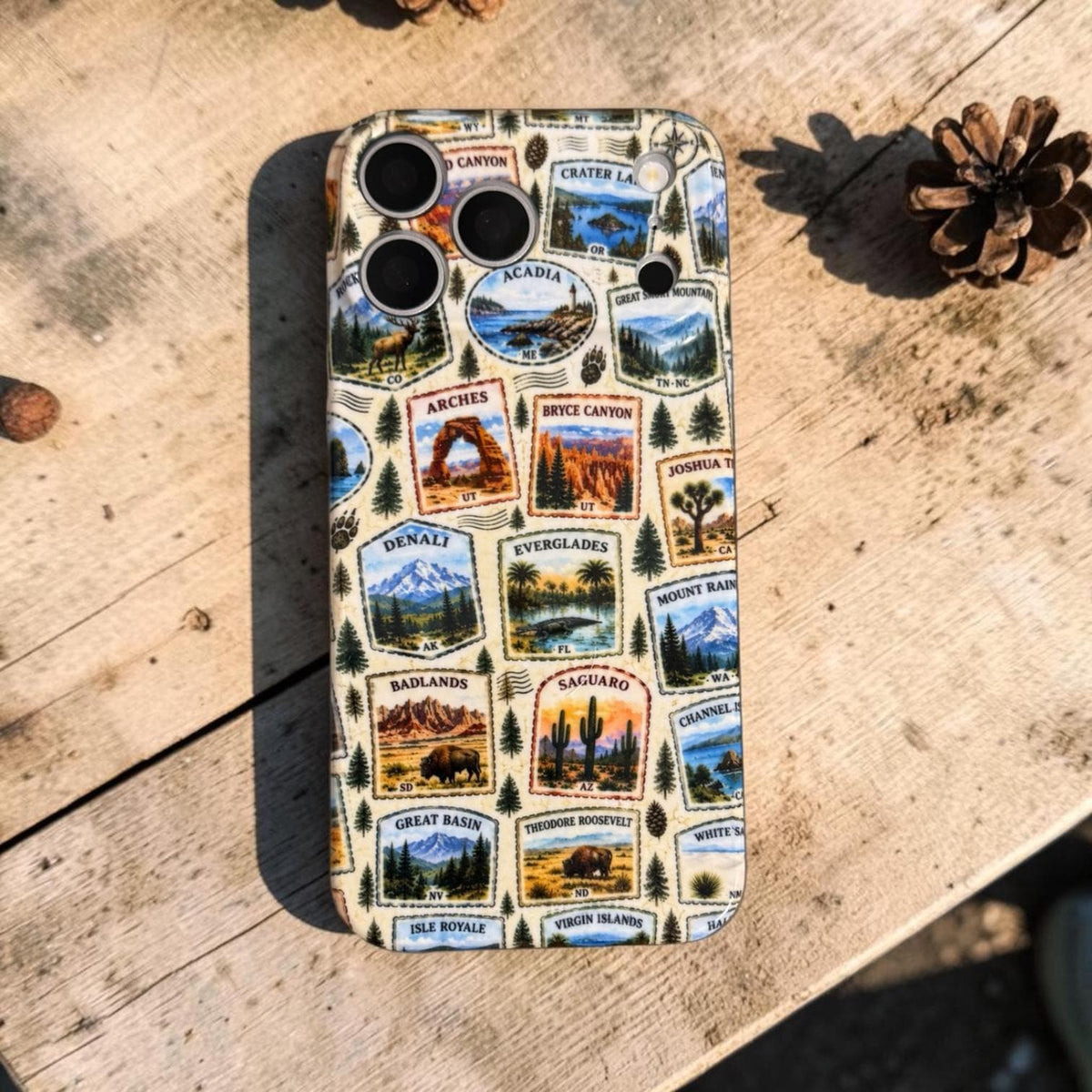 National Parks Stamps Themed NPS Inspired Iphone Case 18 17 16 plus  Pro Max, Plus Yellowstone Arches Grand Canyon Bryce Denali