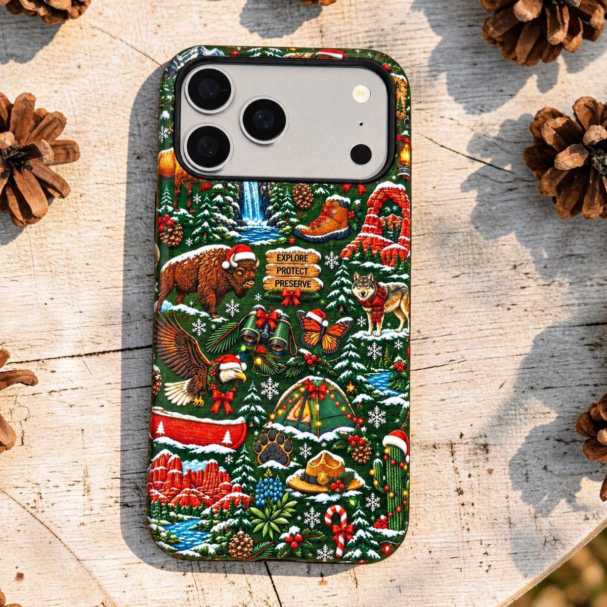 Christmas National Ranger Parks Themed  NPS Tough Iphone Case 18 17 16 Pro, Pro Max, Plus Yellowstone Buffalo Arches Camping MagSafe Eagle