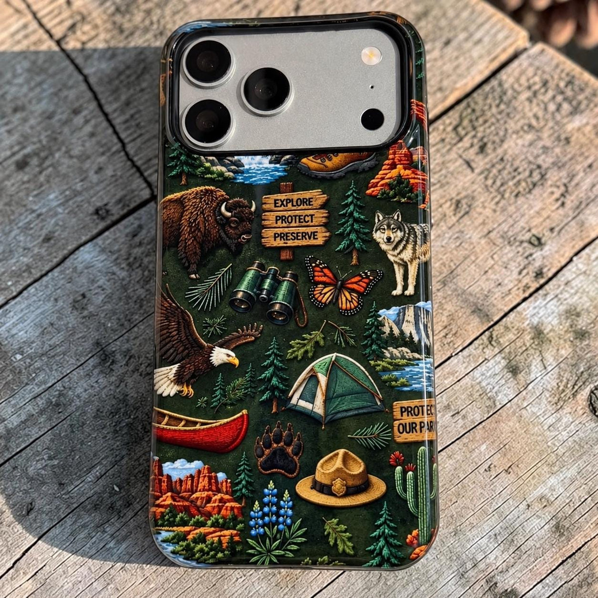 Embroidered Style National Parks Themed  NPS Tough Iphone Case 18 17 16 Pro, Pro Max, Plus Yellowstone Buffalo Arches Camping MagSafe Eagle