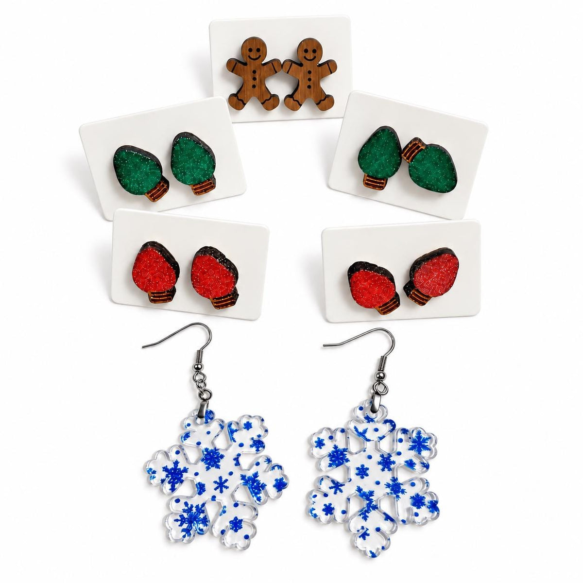 6 Pairs of Christmas Earrings Gingerbread, Snowflake, Christmas Light Bulb Stud Earrings