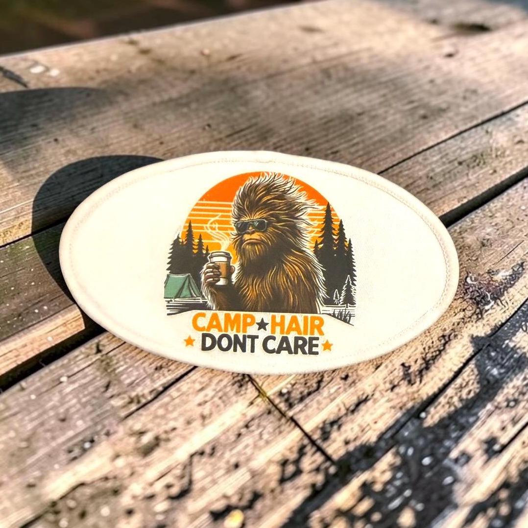 Sasquatch Bigfoot Camp Hair Don't Care Patches Iron On Heat Press Hats Jackets Vests Bags
