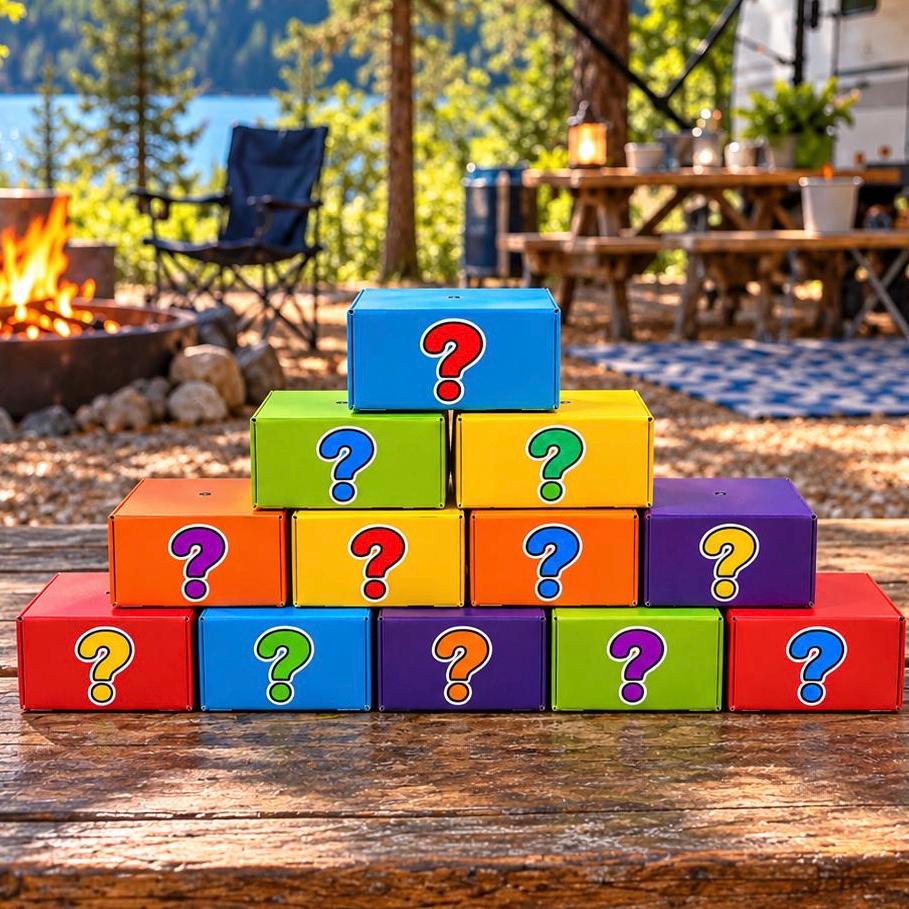 Camping ? Mystery Box ? Small Gift S'mores Fishing Hiking Outdoors, Earrings, Keychains, Hair Clips, Patches, Squishies