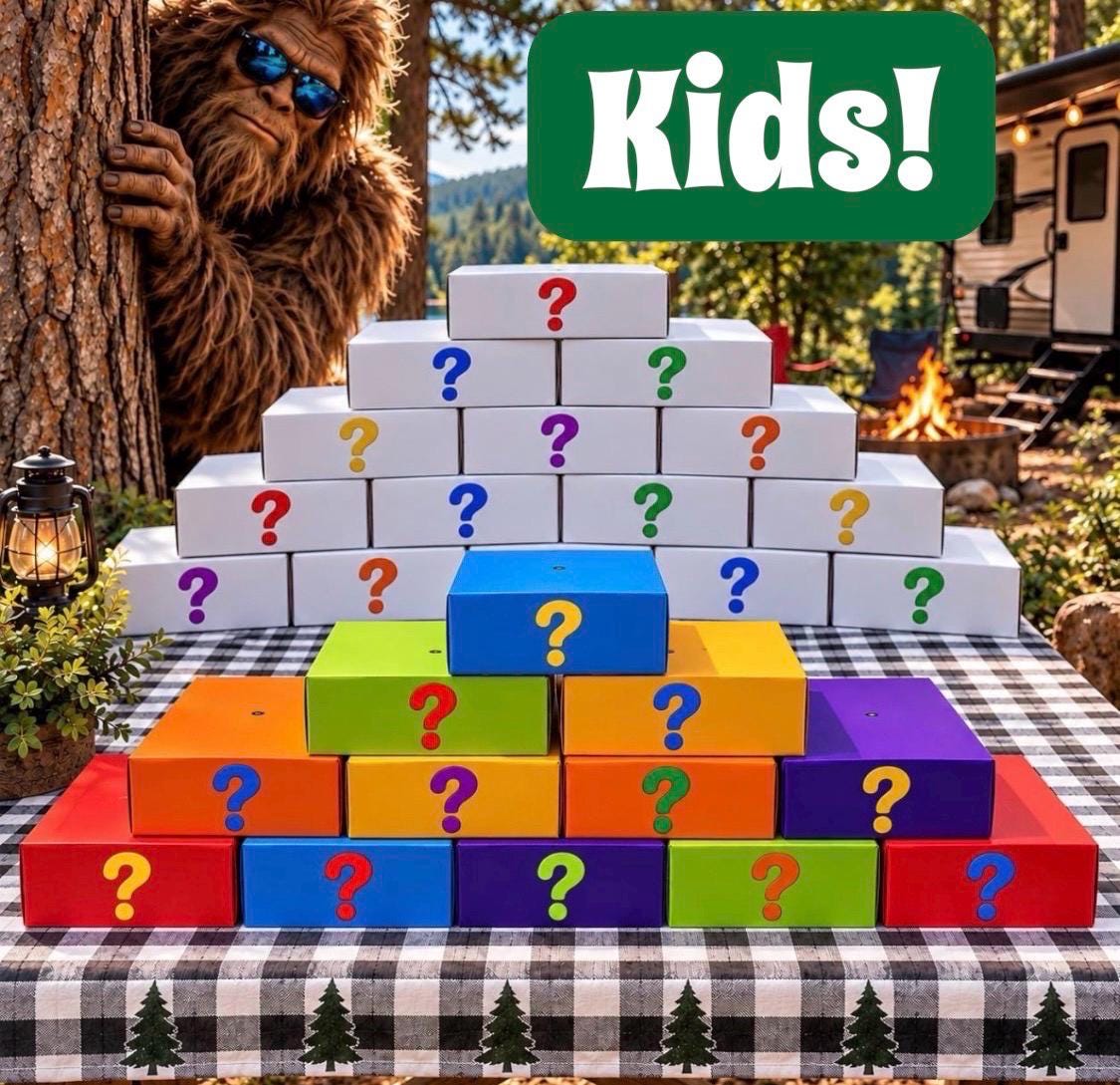 Kids Youth ? Mystery Box ? Gifts Bigfoot Fishing Camping Hiking Outdoors S'mores, Hats, Beanies, Keychains, Tumblers, Tees