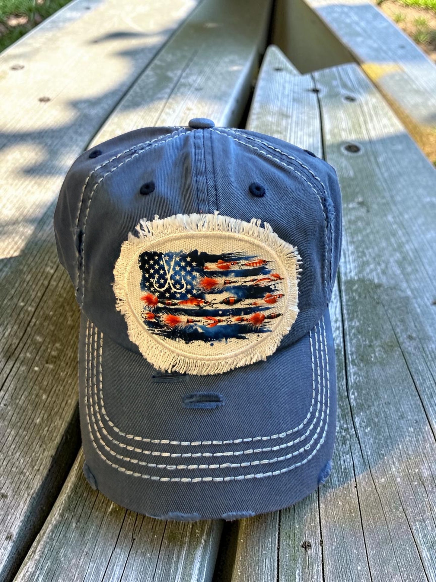 Red or Blue Fishing Lure American Flag Hat Fishing Cap