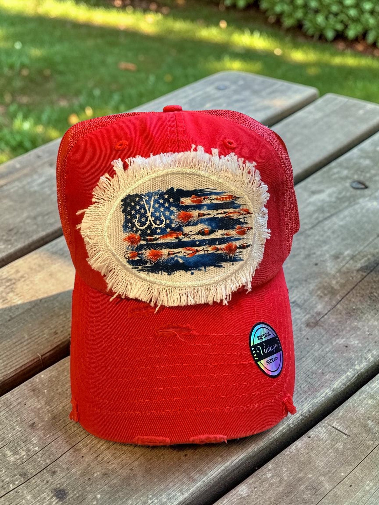 Red or Blue Fishing Lure American Flag Hat Fishing Cap
