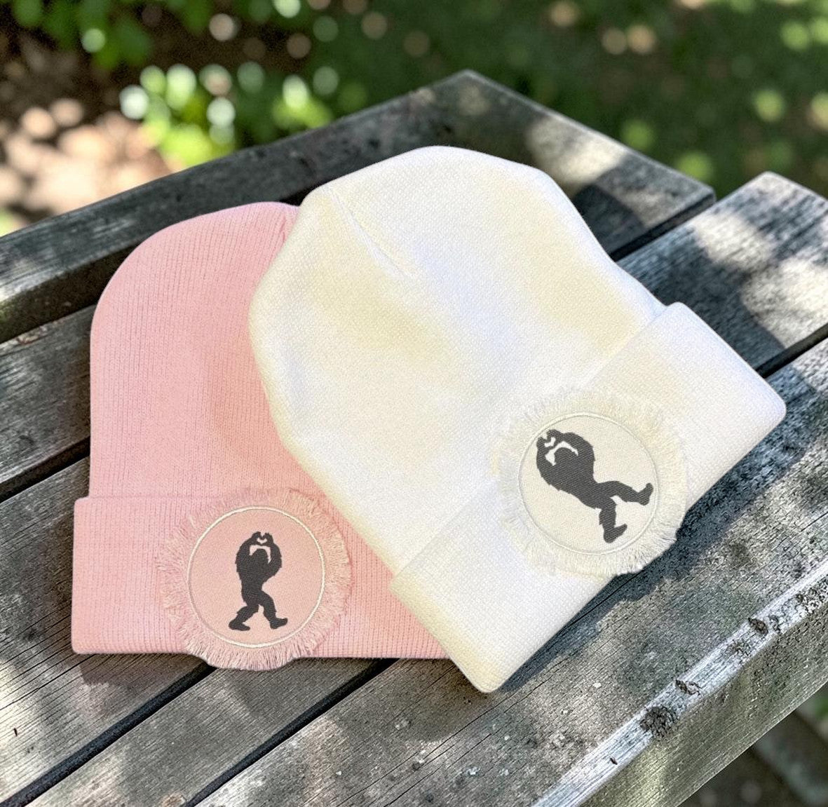 Bigfoot Heart Hands Beanie Ladies Pink White
