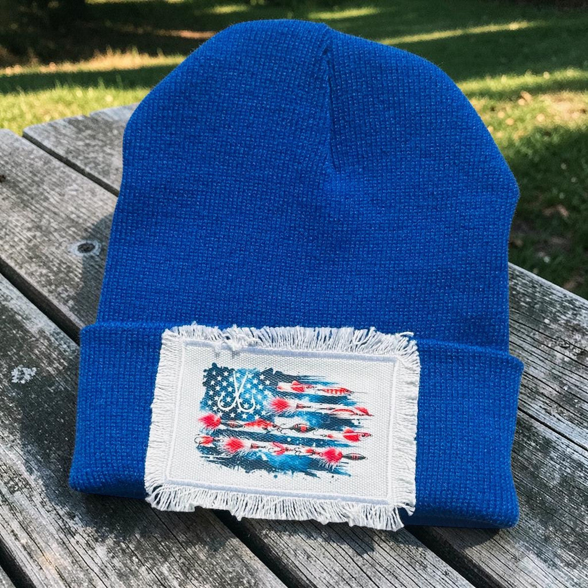 Fishng Lure American Flag Beanie Blue