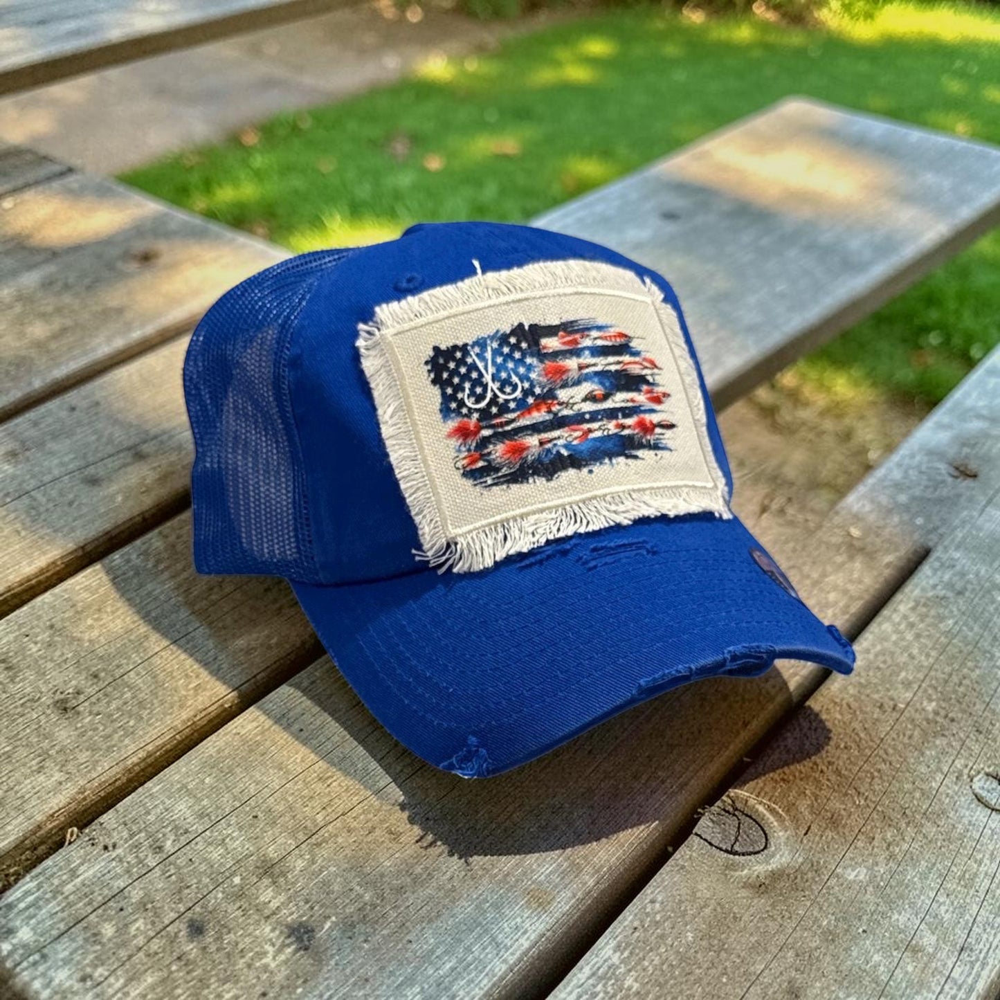 Red or Blue Fishing Lure American Flag Hat Fishing Cap