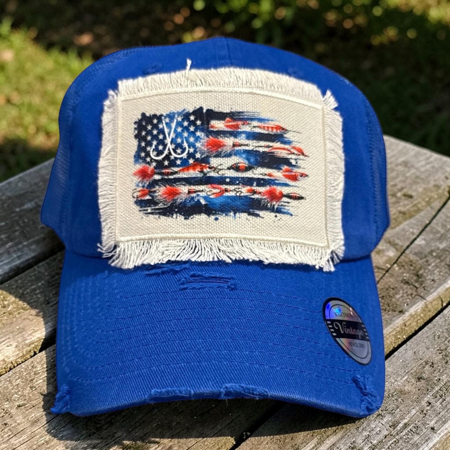Red or Blue Fishing Lure American Flag Hat Fishing Cap