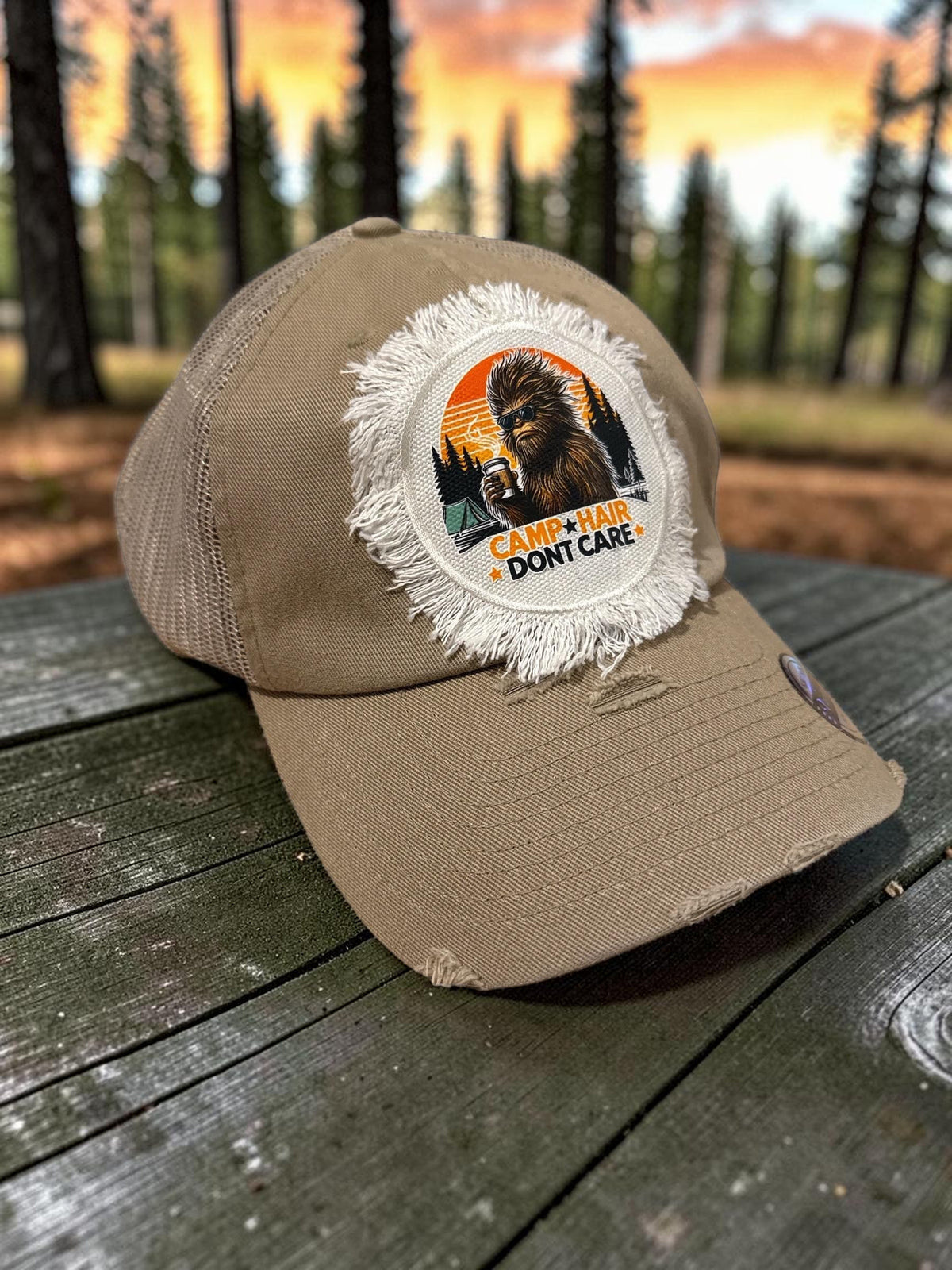 Bigfoot Camp Hair Don't Care Camping Sasquatch  Cap HatFootprint Beileve Hat Cap