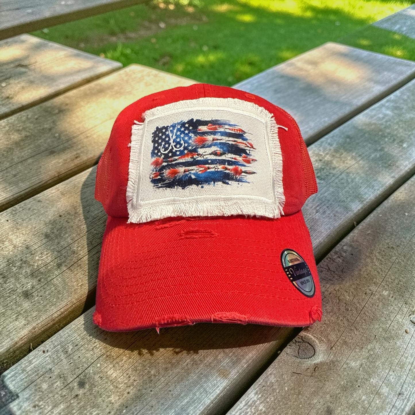 Red or Blue Fishing Lure American Flag Hat Fishing Cap