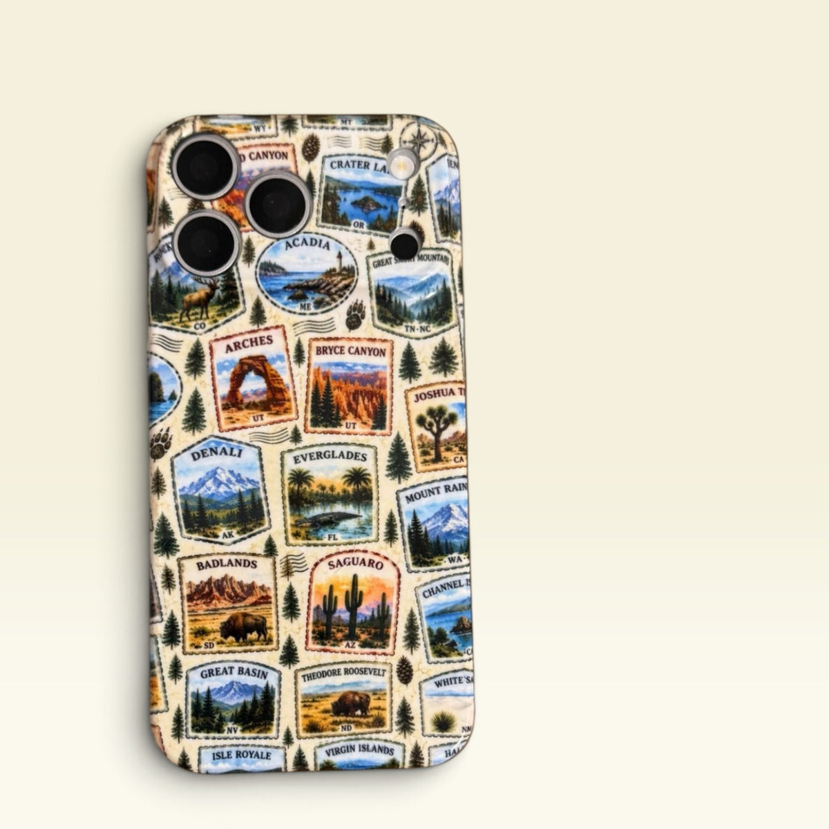 National Parks Stamps Themed NPS Inspired Iphone Case 18 17 16 plus  Pro Max, Plus Yellowstone Arches Grand Canyon Bryce Denali