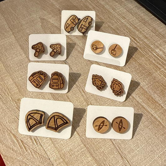 Camping Studs Wood Earrings Random 1 Pair
